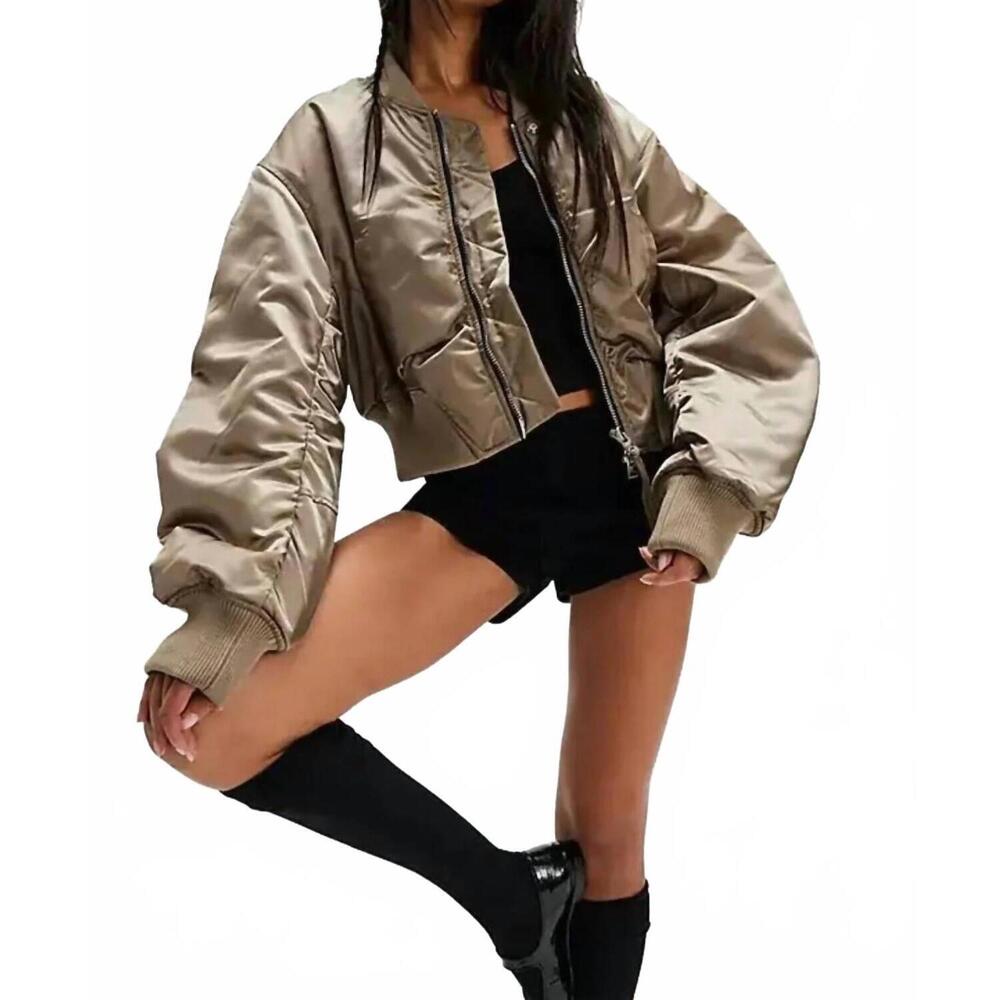 NEW AGOLDE cropped satin jett bomber jacket in gold